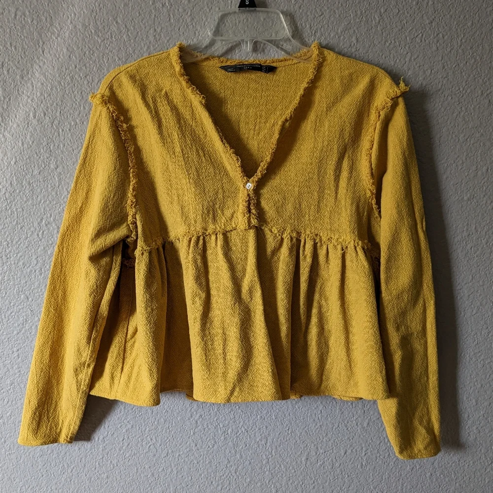 Zara Boho Crop Top Yellow Mustard Babydoll Long Sleeve Sz. L